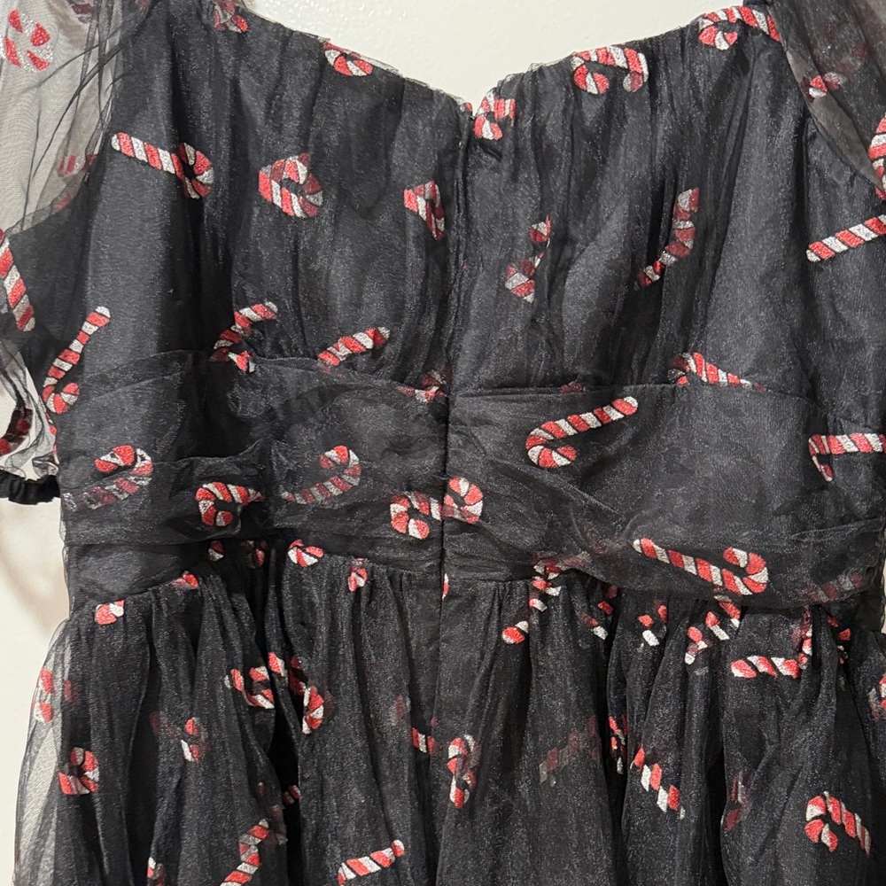Unique Vintage Black Tulle Mini Dress with Candy Cane Print - Picture 8 of 9
